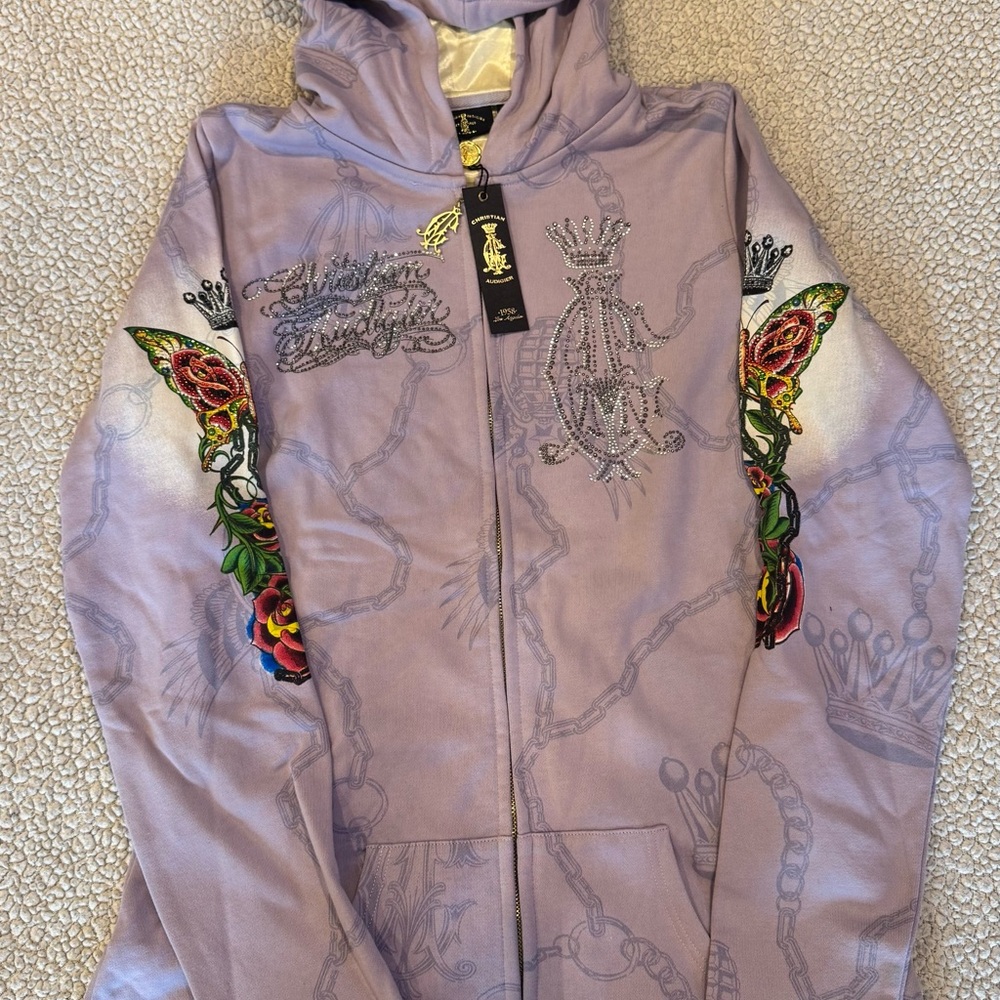 Christian Audigier Ladies Butterfly Hoodie – Lilac – Size Large – NWT